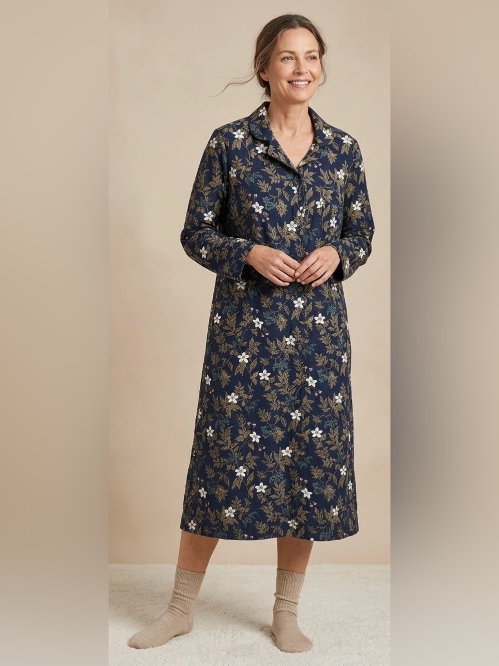 Garnet Hill Navy Floral Long-Sleeve Organic Cotton Nightgown Size Medium